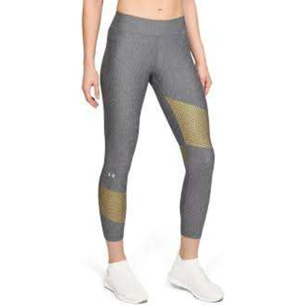 Under Armour Womens HeatGear Compression Leggings Gray Yellow Honeycomb Medium